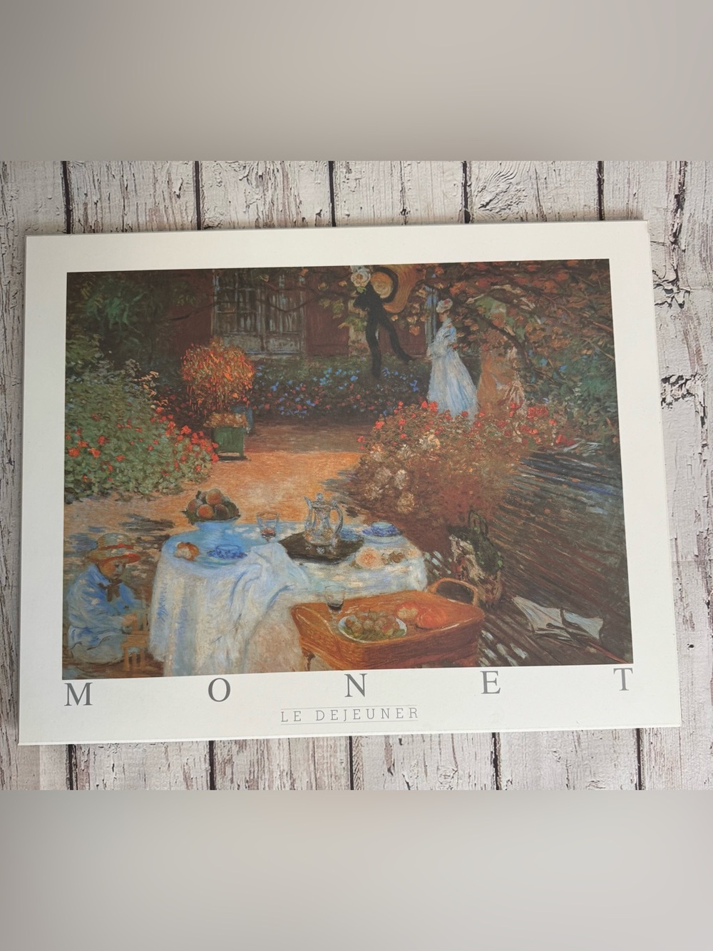 Vintage hard board Monet Garden Lunch Scene Art Print - Blue, Orange, Red, Cream